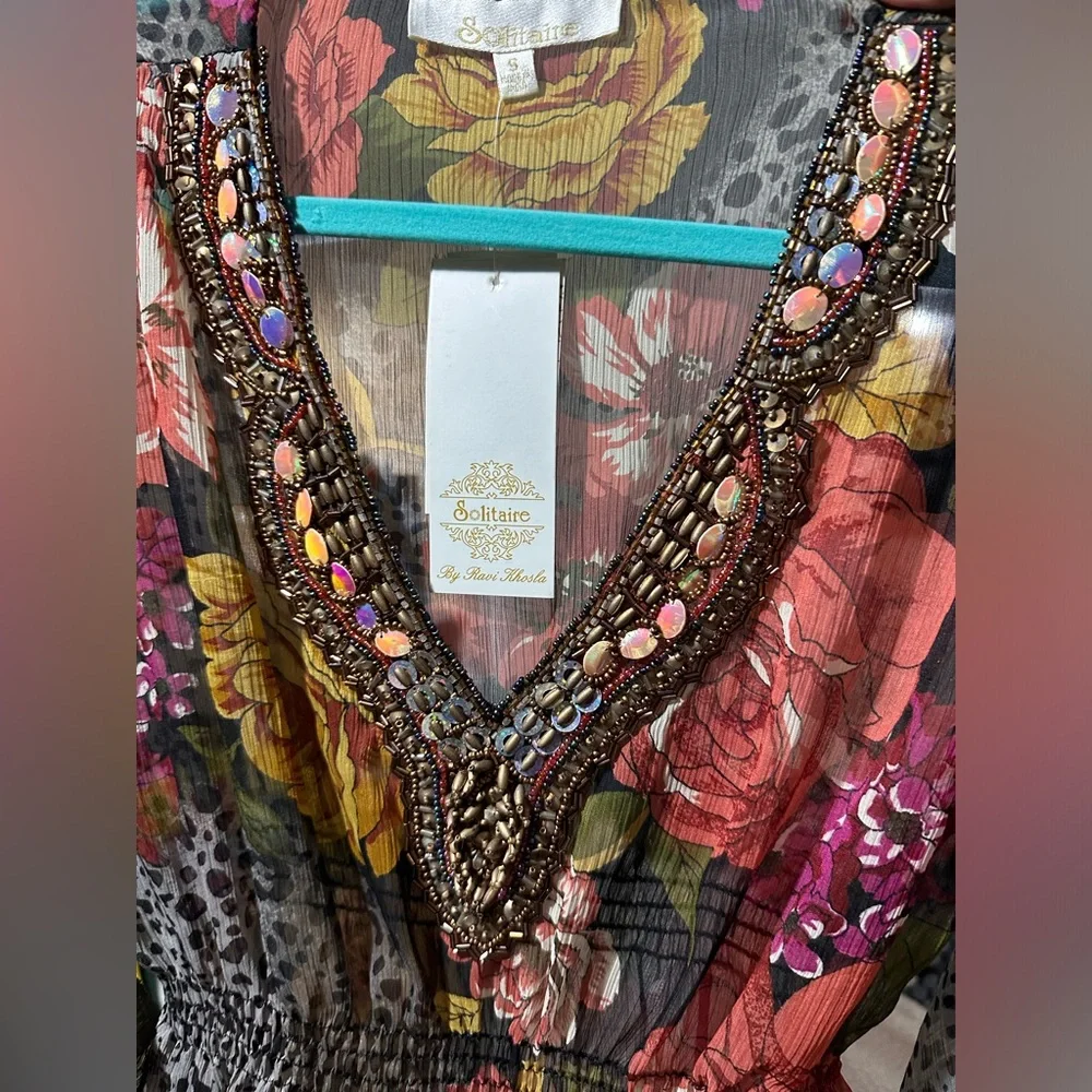 Vintage Solitaire Beaded Floral Sheer Blouse Top Animal Print Butterfly Sleeves - Picture 11 of 12